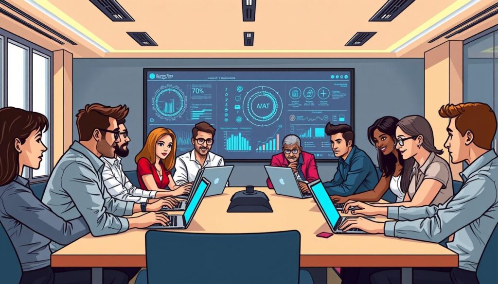 A group of diverse employees, representing a small business, are engaged in a collaborative AI training session. They sit around a large conference table, laptops open, expressions focused as they learn new software and algorithms. The lighting is bright and professional, with a sleek, modern aesthetic reflecting the "BusinessTradeMagazine.com" brand. In the background, a large display screen projects visualizations and data models, guiding the team's exploration of AI's potential to enhance their operations. An atmosphere of excitement and determination fills the room as they prepare to navigate the AI landscape and adapt their business.