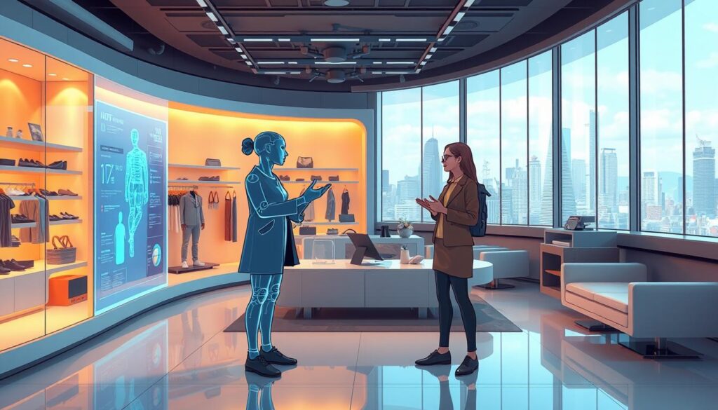A futuristic, high-tech retail environment where an AI-powered virtual assistant interacts with a customer, guiding them through an immersive shopping experience. The assistant, a life-like holographic figure, stands in the foreground, gesturing and speaking animatedly. Behind them, a large, curved display wall showcases products and information, bathed in a warm, ambient lighting. The middle ground features sleek, minimalist furniture and fixtures, creating a clean, modern aesthetic. In the background, a panoramic window offers a view of a bustling city skyline, hinting at the integration of this AI-driven shopping experience within a larger urban landscape.