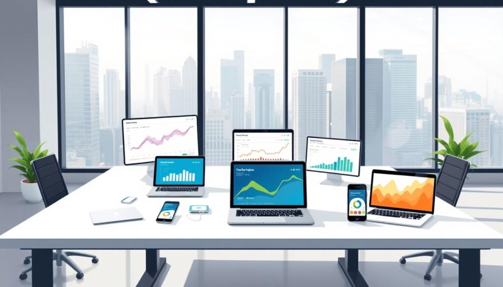 A modern, minimalist office setting with a large desk showcasing various AI fintech tools and software. On the desk, there are sleek laptops, tablets, and smartphones displaying vibrant data visualizations and analytics dashboards. The lighting is bright and natural, creating a clean, professional atmosphere. In the background, a large window overlooks a bustling cityscape, reflecting the dynamic nature of the fintech industry. The overall scene conveys a sense of innovation, technology, and the integration of AI in small business finance and accounting workflows.