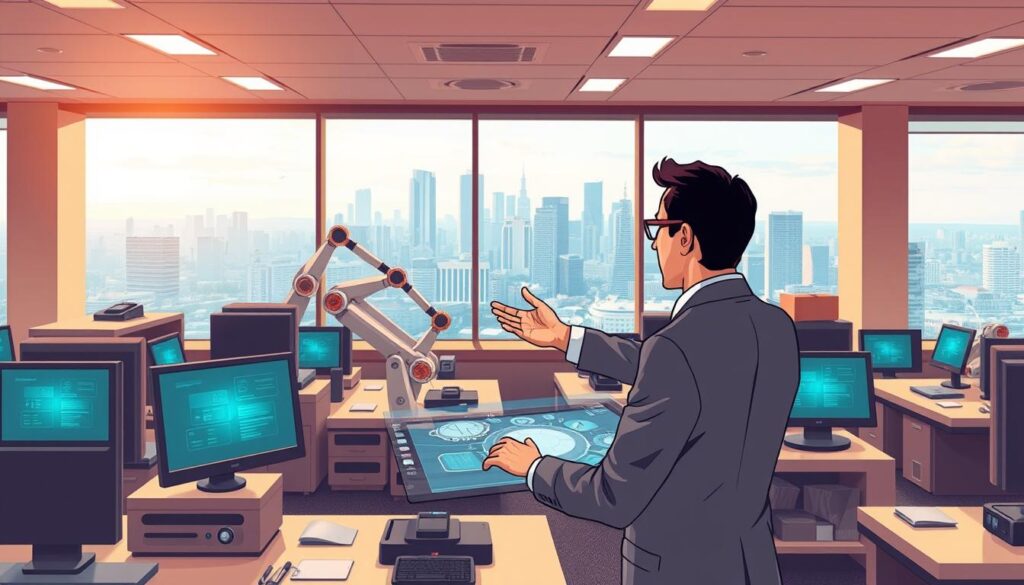 A modern office space, filled with sleek, interconnected devices and intuitive software interfaces. In the foreground, a businessperson interacts with a holographic display, seamlessly controlling various automation processes. In the middle ground, robotic arms and autonomous systems work in harmony, efficiently handling tedious tasks. The background showcases a panoramic view of a bustling city skyline, symbolizing the scalability and integration of these AI-powered business solutions. Warm, indirect lighting creates a professional, productive atmosphere, while the clean, minimalist design reflects the streamlined, intelligent nature of the automation systems. A sense of innovation, efficiency, and technological progress permeates the scene.