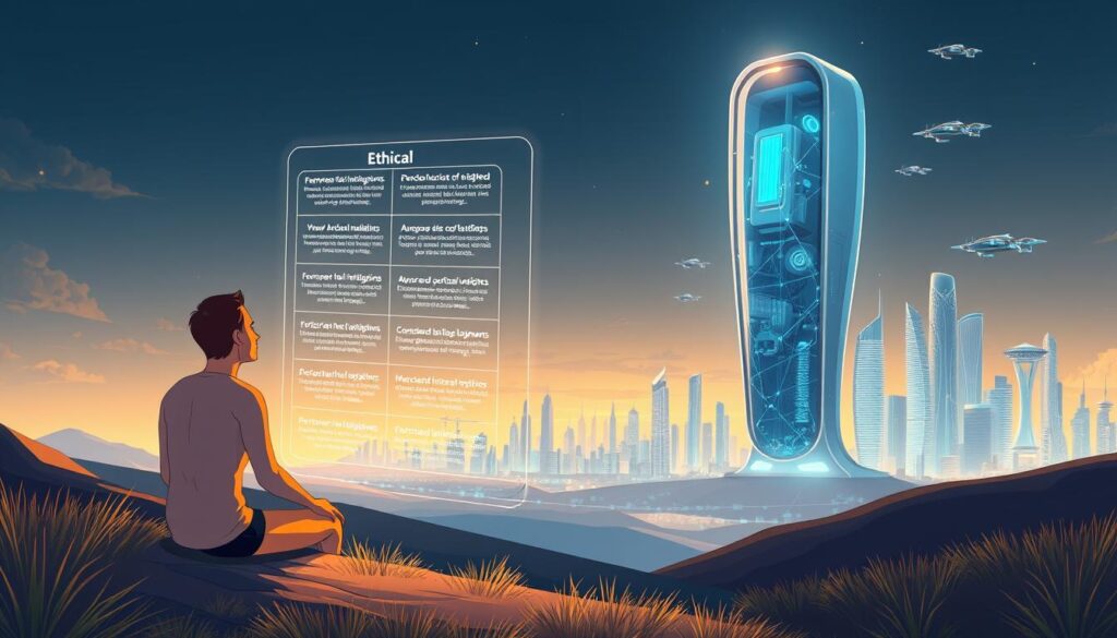 A serene landscape, where the organic and digital worlds coexist in harmony. In the foreground, a human figure sits in contemplation, surrounded by a glowing holographic interface depicting ethical principles and considerations. The mid-ground features a towering, sleek AI construct, its inner workings visible through a translucent casing, symbolizing the integration of artificial intelligence. The background showcases a futuristic cityscape, with gleaming skyscrapers and hovering vehicles, all bathed in a warm, golden light that evokes a sense of progress and innovation tempered by responsible stewardship. The overall composition conveys the delicate balance between the promise of AI and the need to navigate its ethical implications.