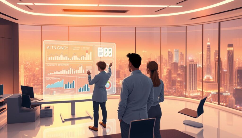 A sleek and futuristic office setting, bathed in warm, diffused lighting. In the foreground, a team of data analysts and AI engineers collaborate on a large, holographic display, analyzing charts and graphs that depict the optimization of a digital marketing campaign. The middle ground features a modern, minimalist workspace with various connected devices, while the background showcases a panoramic view of a vibrant, high-tech city skyline. The overall atmosphere is one of innovation, efficiency, and the seamless integration of AI technology into the marketing process.