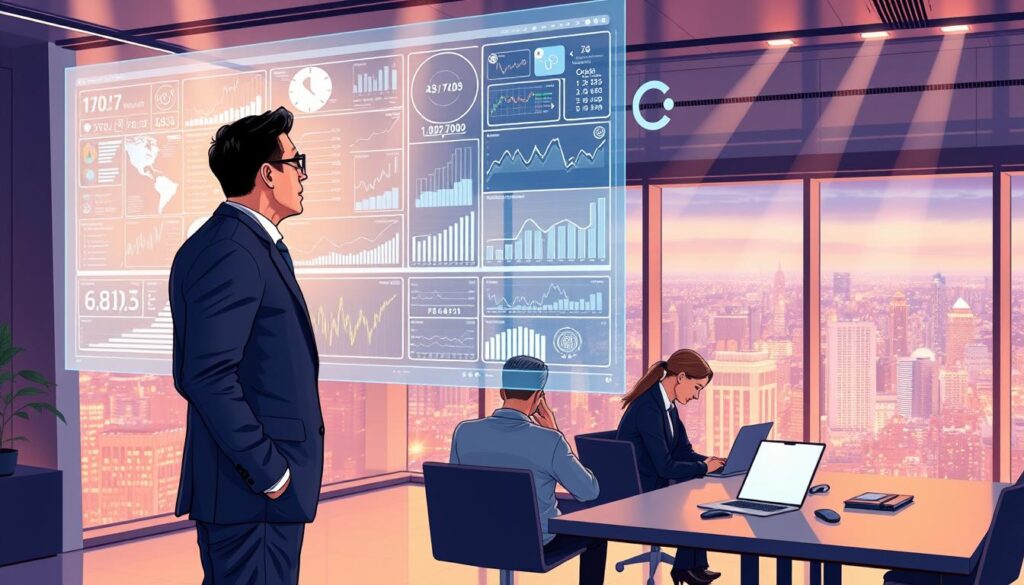 A sleek, futuristic office space with a large holographic display showcasing intricate financial data and insights. In the foreground, an executive in a sharp suit stands before the projection, deep in thought as they analyze the real-time financial metrics. The middle ground features a team of analysts collaborating on laptops, their faces illuminated by the glow of the screens. The background is a panoramic view of a bustling city skyline, hinting at the broader economic landscape. The lighting is a balance of warm, ambient tones and cool, directional beams, creating a sense of high-tech sophistication. The overall atmosphere conveys the power of AI-driven financial analysis to drive strategic decision-making and cost optimization.
