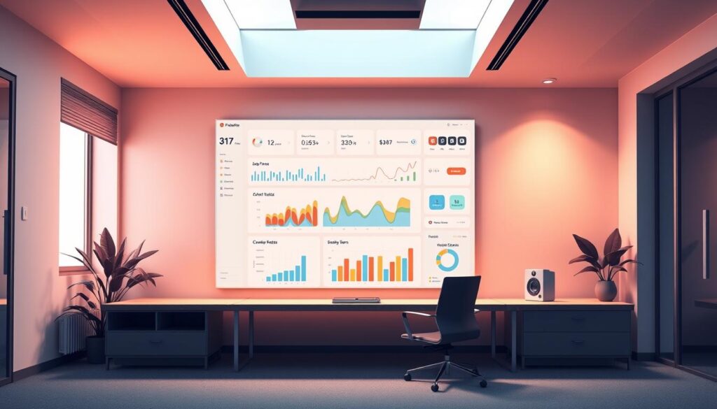 A sleek, modern data visualization dashboard illuminates a dimly lit office, showcasing key financial metrics against a backdrop of minimalist architectural details. Soft, diffused lighting casts a warm glow, creating a sense of depth and focus. The dashboard's clean lines, vibrant color palette, and intuitive layout invite the viewer to explore the insights it presents. Subtle 3D elements add depth, while carefully selected infographic icons and data visualizations convey complex financial information in an accessible, visually engaging manner. The overall atmosphere exudes professionalism, technological prowess, and a forward-thinking approach to small business finance and accounting.