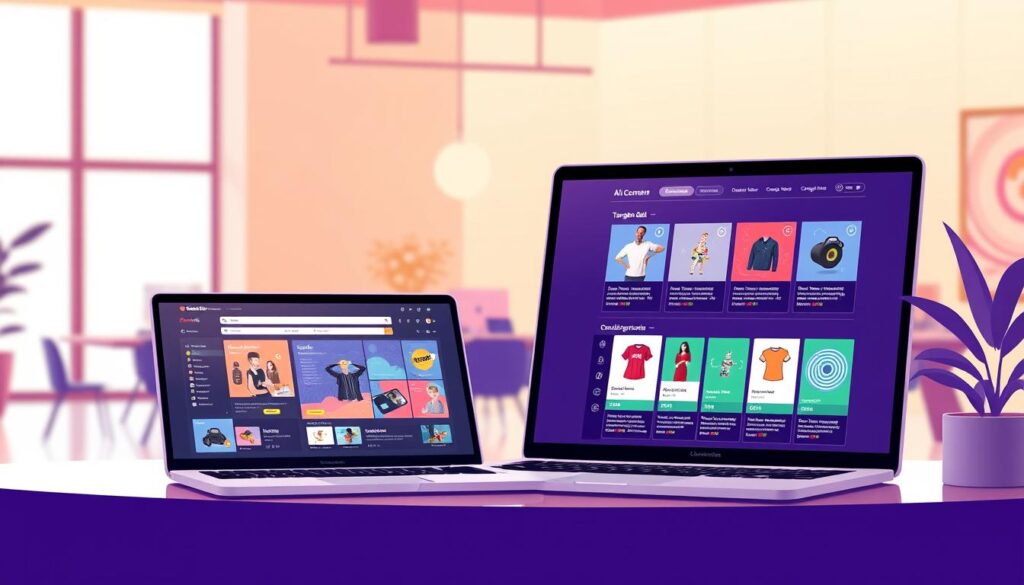 A sleek, modern e-commerce website with an elegant layout and vibrant colors. In the foreground, a striking email marketing campaign interface displays targeted customer data and intuitive campaign management tools. The middle ground features a diverse array of products, with seamless integration between the website and email automation. In the background, a warm, softly lit office environment with minimalist decor and large windows, suggesting the AI-powered efficiency and customer-centric focus of the e-commerce operation. The overall mood is one of sophisticated professionalism, technological innovation, and enhanced customer engagement.