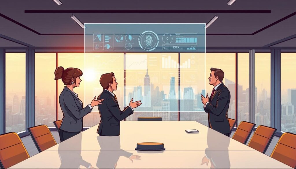 A sleek, modern office environment with a large holographic display showcasing data visualizations and AI-generated content. In the foreground, a team of business professionals collaborating around a conference table, gesturing towards the display. The middle ground features an executive overseeing the process, hands clasped thoughtfully. The background depicts a panoramic city skyline, bathed in a warm, golden light filtering through floor-to-ceiling windows. The scene conveys a sense of innovation, productivity, and the seamless integration of AI into the business content creation workflow.