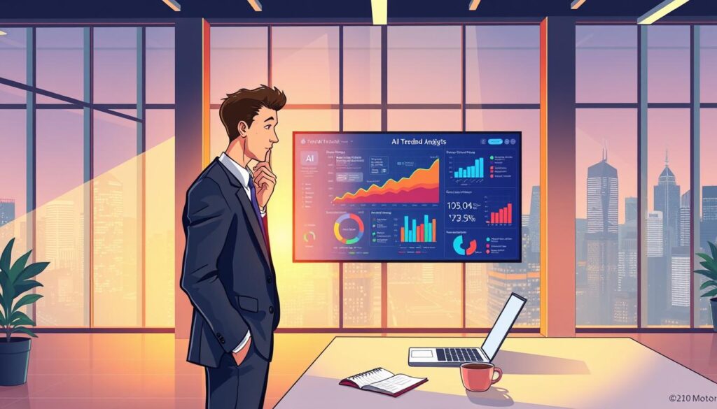 A sleek, modern office interior with floor-to-ceiling windows bathed in warm, natural light. At the center of the frame, a data visualization dashboard displays a captivating trend analysis, its vibrant charts and graphs illuminating key insights about the evolving AI landscape. In the foreground, a well-dressed professional examines the dashboard, deep in thought. The mid-ground features a minimalist workspace with a laptop, notepad, and a cup of coffee. The background depicts a bustling cityscape, symbolizing the dynamic, ever-changing nature of the AI industry. The overall mood is one of contemplation, innovation, and a sense of excitement about the future of AI in business.