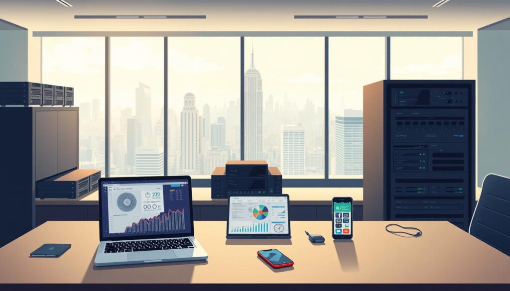 A sleek, modern office setting with a large desk showcasing various predictive analytics tools and dashboards. Soft, directional lighting illuminates the scene, casting subtle shadows and highlighting the details of the hardware and software interfaces. In the foreground, a laptop displays a complex data visualization, while a tablet and smartphone on the desk offer real-time insights and forecasting capabilities. The middle ground features an array of external hard drives, servers, and networking equipment, conveying the robust infrastructure required for advanced analytics. In the background, a large window overlooks a bustling cityscape, symbolizing the interconnectedness of data and the real-world impact of predictive insights for small businesses.