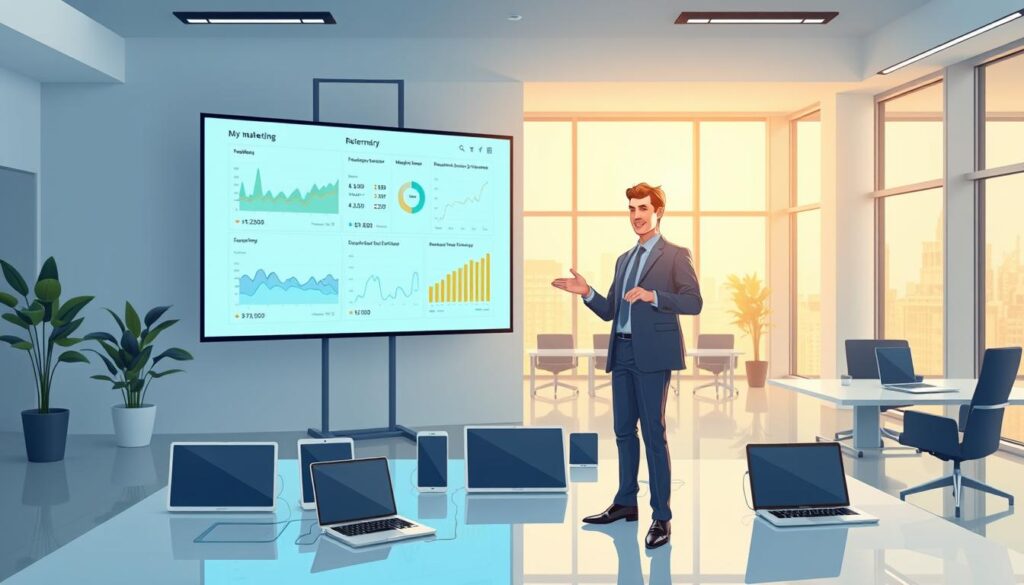 A sleek, modern office setting with a large display screen showcasing data visualizations and marketing metrics. In the foreground, a business executive stands confidently, gesturing towards the screen, their face lit by the glow of the display. The middle ground features an array of smart devices, tablets, and laptops, all seamlessly integrated and wirelessly connected. The background is a minimalist, open-concept workspace with floor-to-ceiling windows, flooding the scene with warm, natural light. The overall atmosphere conveys efficiency, innovation, and the power of AI-driven marketing optimization.