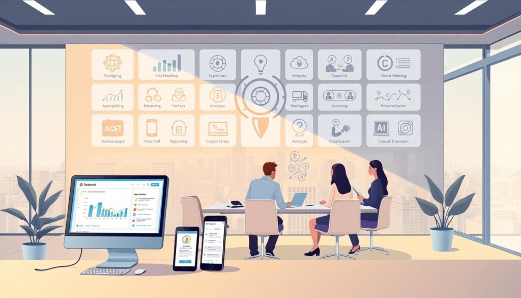 A sleek, modern office setting with a large wall displaying a variety of AI-powered marketing tools. In the foreground, a desktop computer, tablet, and smartphone are arranged neatly, each showcasing different AI-powered analytics, automation, and personalization features. The middle ground features a team of professionals collaborating around a conference table, discussing strategies for integrating these cutting-edge tools into their marketing campaigns. The background depicts a panoramic cityscape, hinting at the global reach and scale of these AI-driven marketing solutions. Soft, warm lighting creates a productive and innovative atmosphere, with clean lines and minimalist design elements throughout the scene.