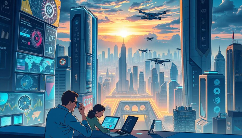 A vibrant futuristic cityscape with towering skyscrapers, their facades adorned with intricate data visualizations and holographic displays. In the foreground, a team of analysts poring over interactive dashboards, their expressions intense as they uncover emerging competitive trends. The middle ground features a panoramic view of the city, with autonomous vehicles and drones zipping through the air, gathering real-time market intelligence. The background is a dramatic skyline, bathed in a warm, golden light, symbolizing the dawn of a new era in AI-powered competitive analysis.