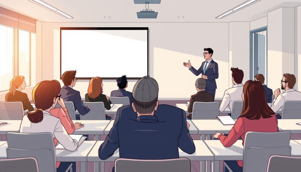 A well-lit classroom with modern desks and chairs, a large projection screen at the front, and a group of employees intently focused on a presentation given by a confident AI expert. The employees, dressed in business attire, have a mix of curious and engaged expressions as they listen and take notes. Soft, natural lighting filters through the windows, creating a warm and inviting atmosphere. The AI expert, standing at the front of the room, gestures animatedly while explaining the latest AI tools and technologies relevant to the retail industry. The overall scene conveys a sense of learning, growth, and the integration of AI into the daily operations of a retail business.