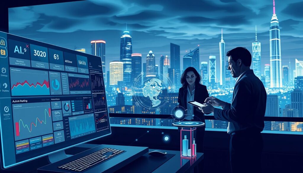 a detailed, high-resolution, photorealistic image of an AI-powered marketing automation platform in action. The foreground depicts a sleek, futuristic user interface with various analytics dashboards, campaign management tools, and automation workflows. The middle ground showcases a team of digital marketers collaborating on strategy and optimization, with holographic projections and touchscreen interfaces. In the background, a cityscape of towering skyscrapers and a vibrant, neon-lit skyline creates a dynamic, tech-infused atmosphere. Soft, directional lighting illuminates the scene, casting dramatic shadows and highlighting the advanced technology at work. The overall mood is one of innovation, efficiency, and the seamless integration of AI into modern marketing practices.